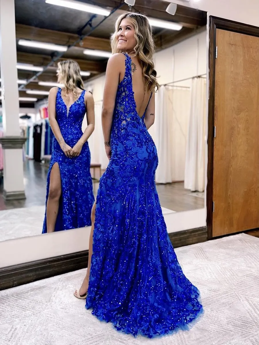 GUKARLEED Women's Prom Dresses Lace Appliques Sequin Formal Dress V Neck High Slit Mermaid Tulle Wedding Guest Evening Gowns