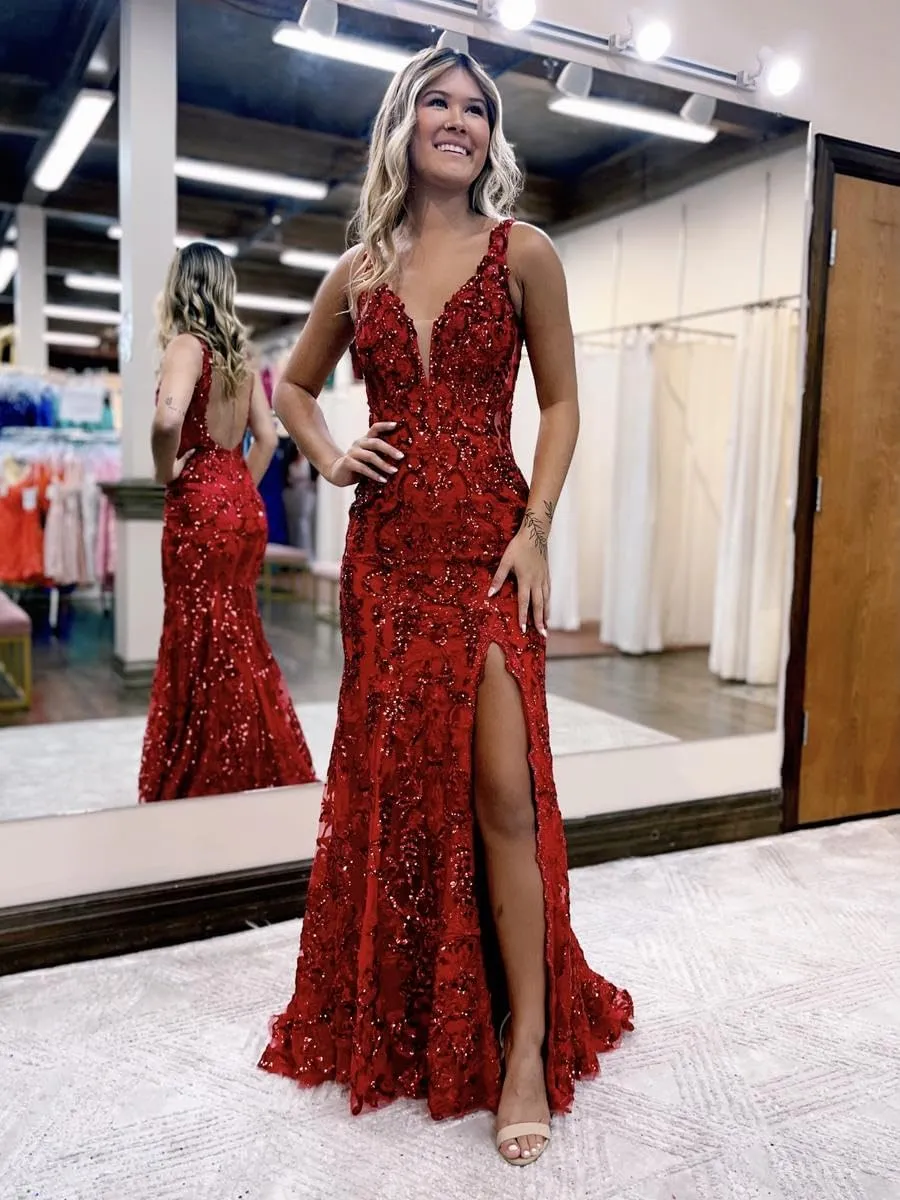 GUKARLEED Women's Prom Dresses Lace Appliques Sequin Formal Dress V Neck High Slit Mermaid Tulle Wedding Guest Evening Gowns