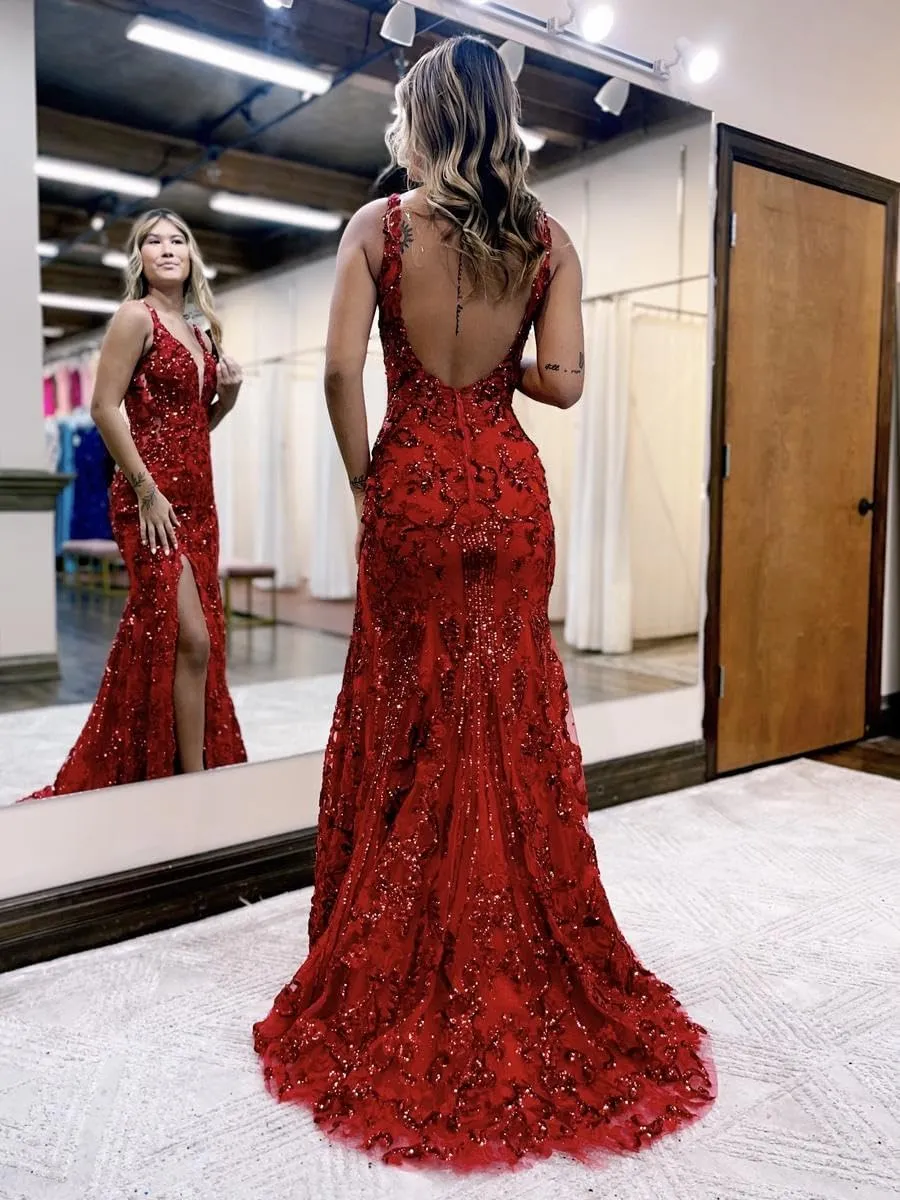 GUKARLEED Women's Prom Dresses Lace Appliques Sequin Formal Dress V Neck High Slit Mermaid Tulle Wedding Guest Evening Gowns
