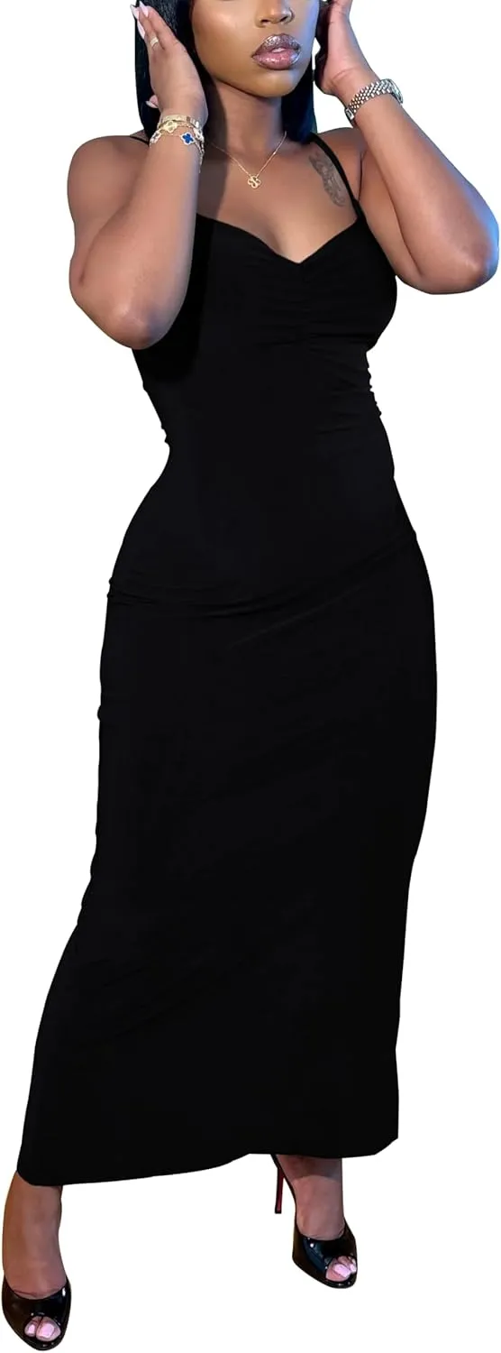 HBQ Womens Summer Casual Slip Dresses Spaghetti Adjustable Strap Bodycon Maxi Dress Pleated V Neck Sexy Club Party Dress