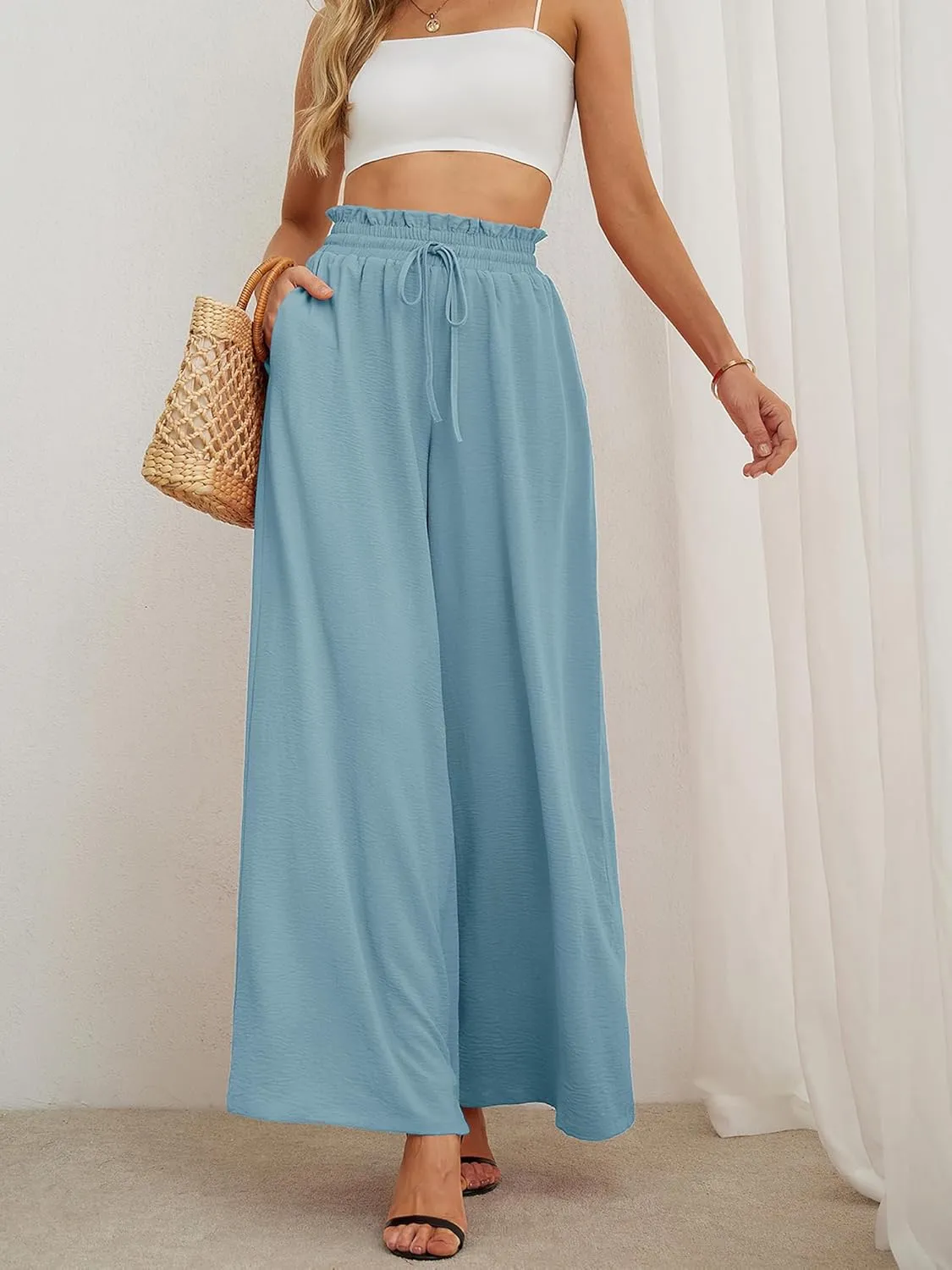 Heymoments Women's Wide Leg Lounge Pants Lightweight High Waisted Adjustable Tie Knot Loose Trousers with Pockets
