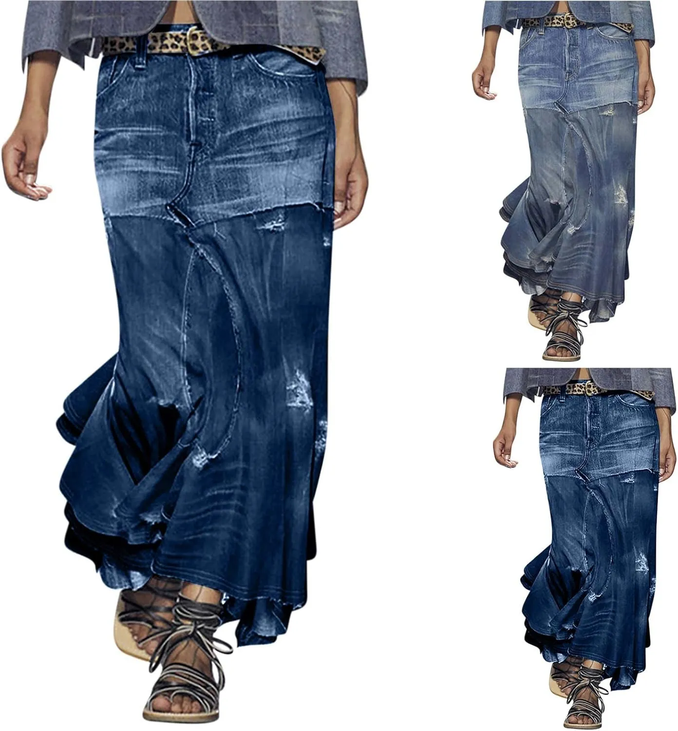 HGps8w Women's Plus Size Maxi Denim Skirt Retro Distressed Irregular Ruffle Tiered High Waisted Long Jean Skirts