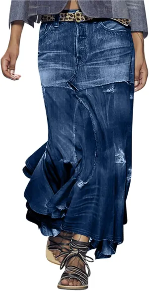 HGps8w Women's Plus Size Maxi Denim Skirt Retro Distressed Irregular Ruffle Tiered High Waisted Long Jean Skirts