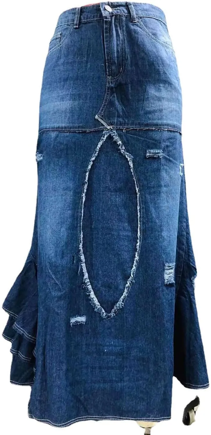 HGps8w Women's Plus Size Maxi Denim Skirt Retro Distressed Irregular Ruffle Tiered High Waisted Long Jean Skirts