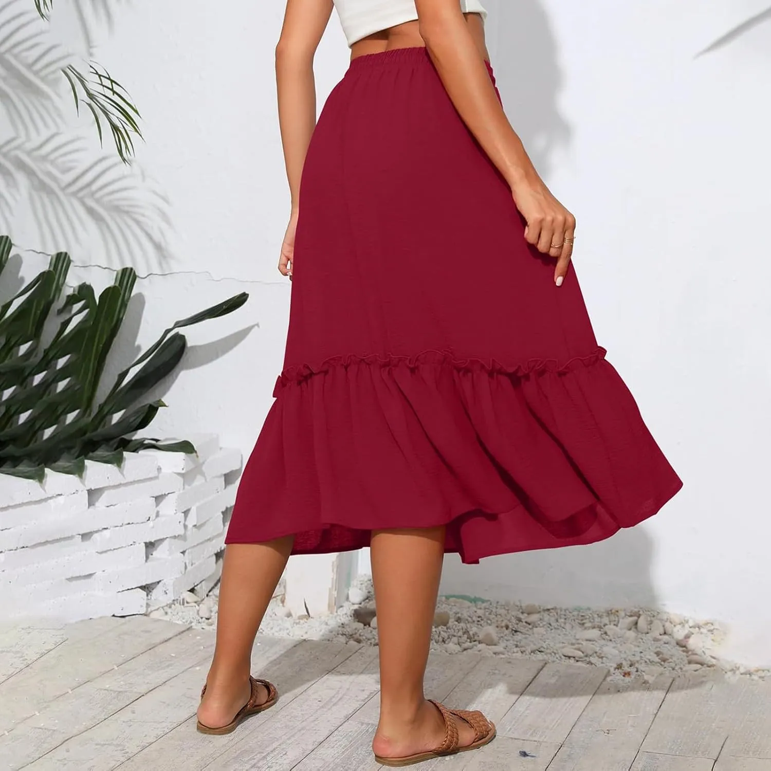 High Waisted Skirts for Women 2025 Cotton Flowy A Line Tiered Midi Skirt with Pockets Summer Beach Comfy Casual Skirt