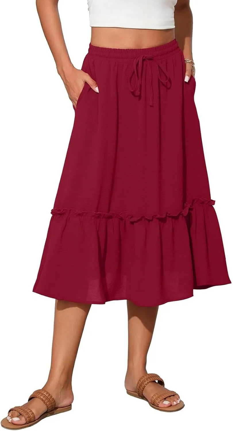 High Waisted Skirts for Women 2025 Cotton Flowy A Line Tiered Midi Skirt with Pockets Summer Beach Comfy Casual Skirt