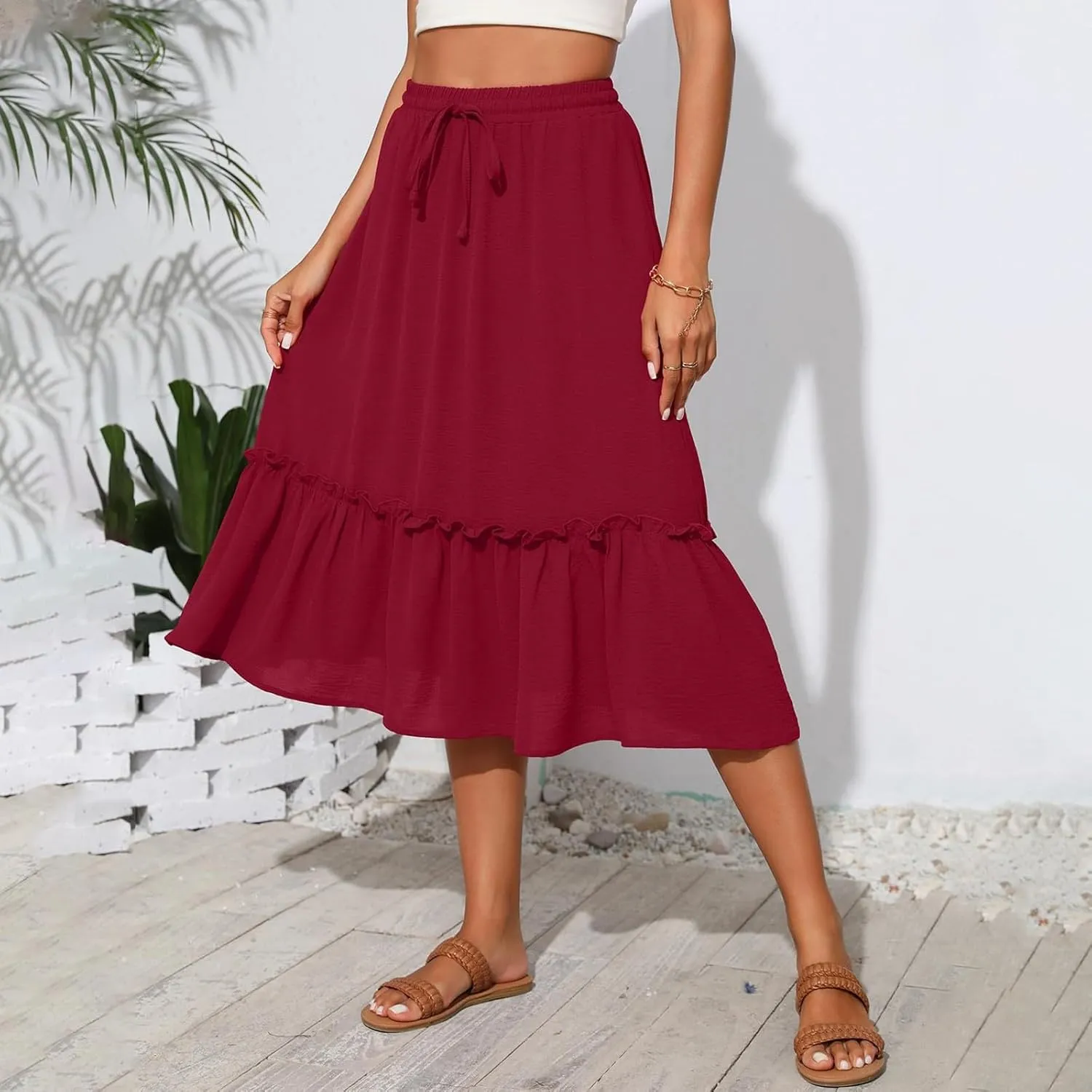 High Waisted Skirts for Women 2025 Cotton Flowy A Line Tiered Midi Skirt with Pockets Summer Beach Comfy Casual Skirt