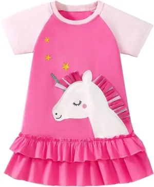 HILEELANG Toddler Girl Short Sleeve Easter Dress Cotton Casual Jersey Shirt Playwear Applique Dress