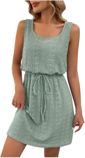 hlysgo Women Petite Sundress Summer Hollow Out Sleeveless Square Neck Beach Dresses Drawstring Waist Mini Dress for Vacation