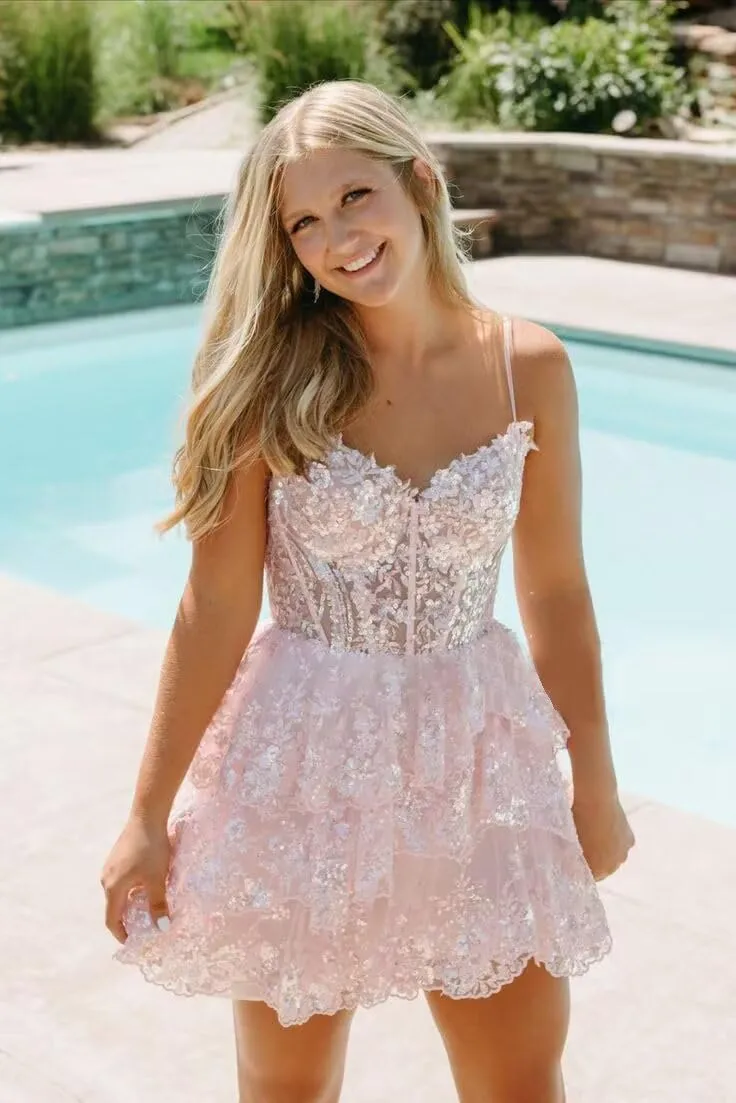 Homecoming Dresses for Teens 2024 Sparkly Tulle Lace Applique Tiered A-line Formal Short Mini Prom Dress