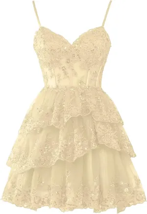 Homecoming Dresses for Teens 2024 Sparkly Tulle Lace Applique Tiered A-line Formal Short Mini Prom Dress