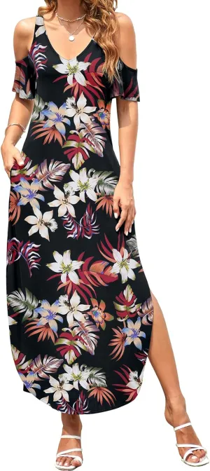 HUSKARY Women's Summer Maxi Dresses V Neck Cold Shoulder Short Sleeve Casual Loose Long Split Dress with Pocket