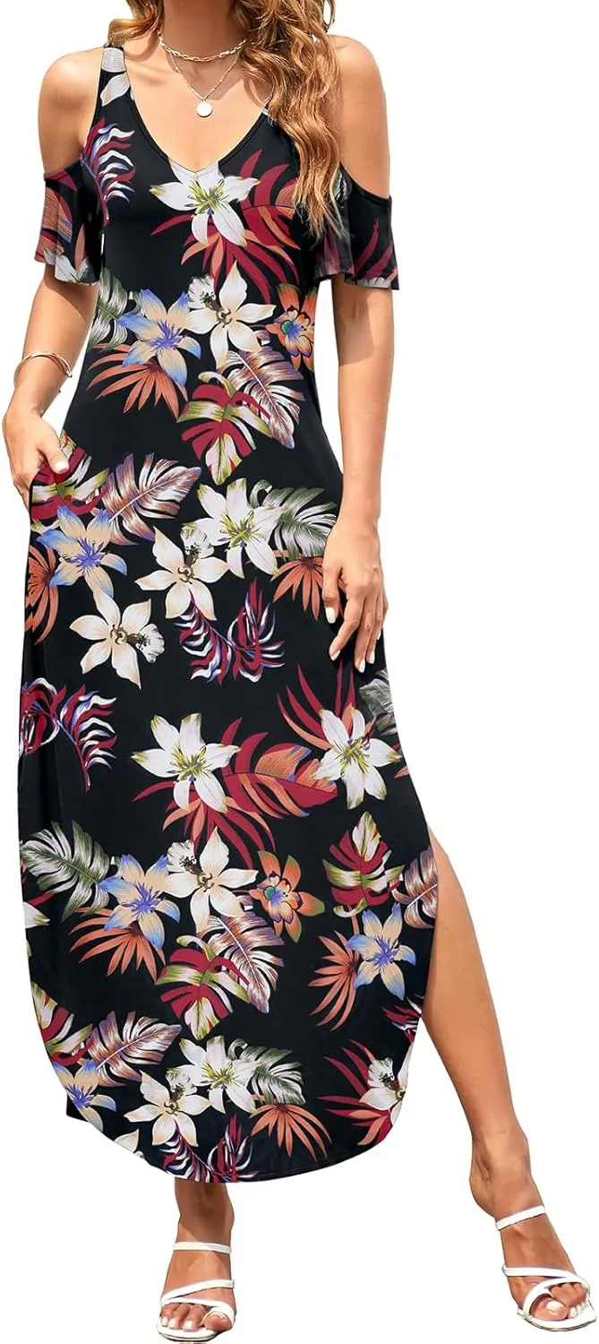 HUSKARY Women's Summer Maxi Dresses V Neck Cold Shoulder Short Sleeve Casual Loose Long Split Dress with Pocket