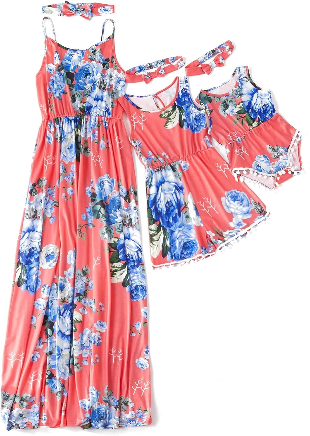IFFEI Mommy and Me Matching Dress Spaghetti Strap Summer Casual Sundress Beach Sleeveless Dress with Headband