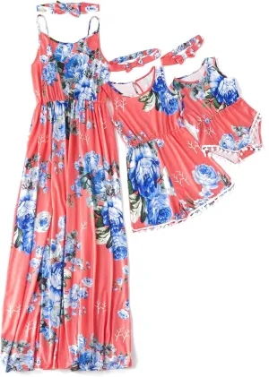 IFFEI Mommy and Me Matching Dress Spaghetti Strap Summer Casual Sundress Beach Sleeveless Dress with Headband