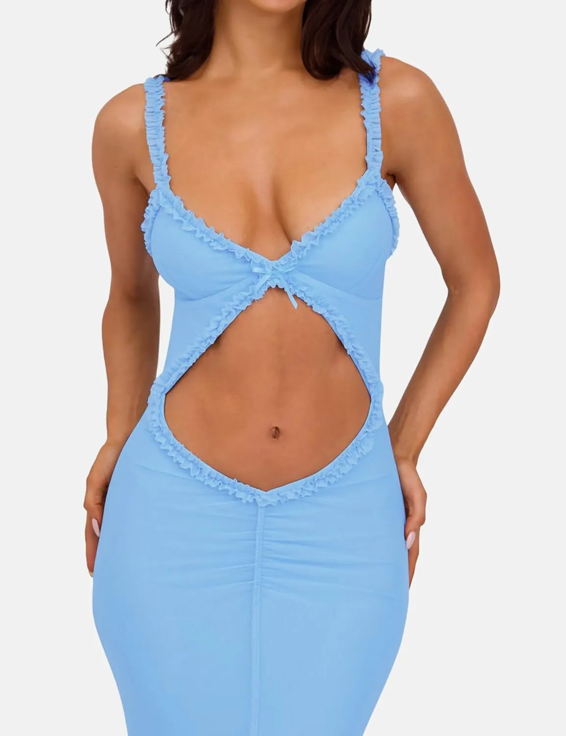 ISZPLUSH Women's Sleeveless All Mesh Dress Sexy Mini Tassel Cut Out See Through Dress High Slit Ruffle Hem Mesh Club Outfit