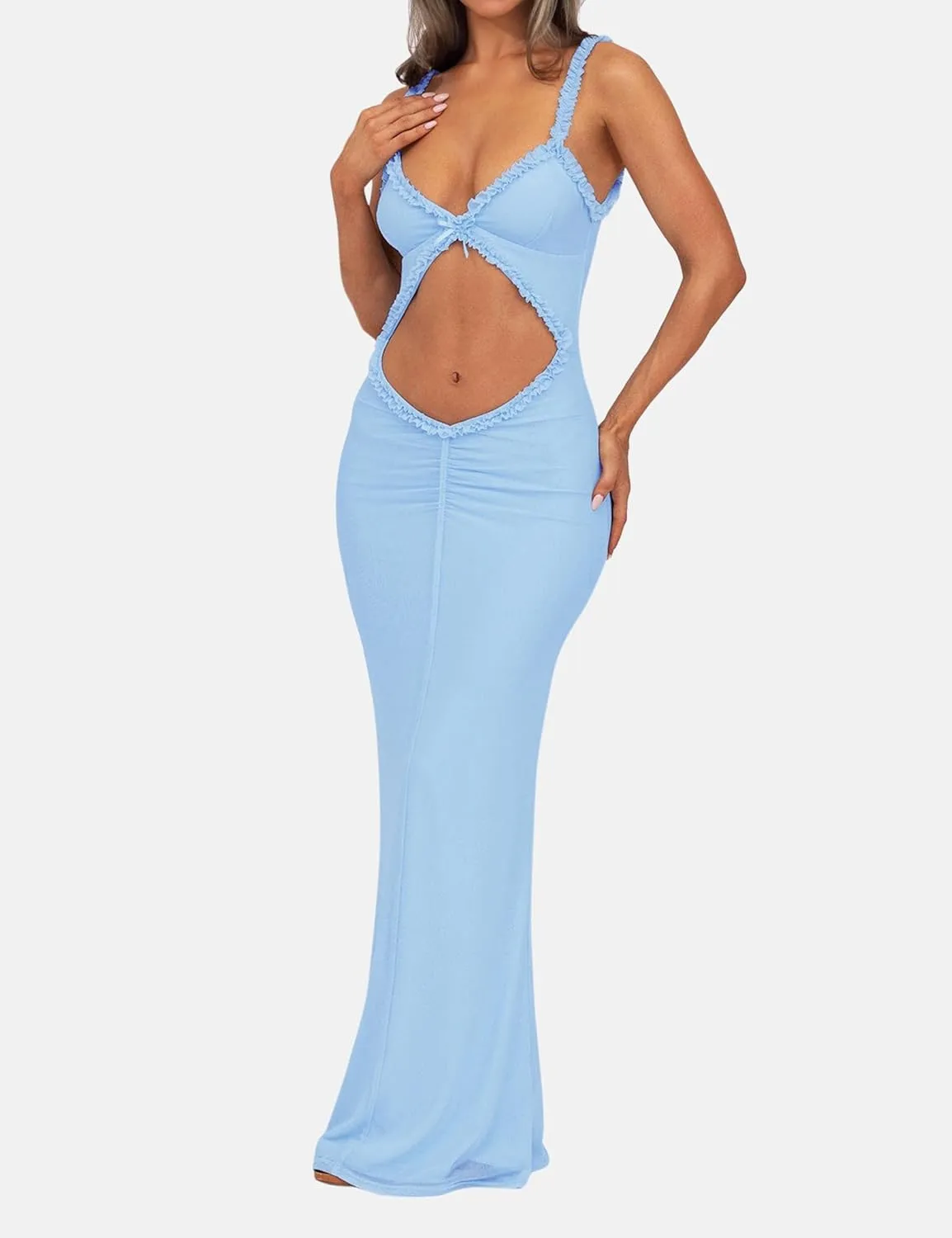 ISZPLUSH Women's Sleeveless All Mesh Dress Sexy Mini Tassel Cut Out See Through Dress High Slit Ruffle Hem Mesh Club Outfit