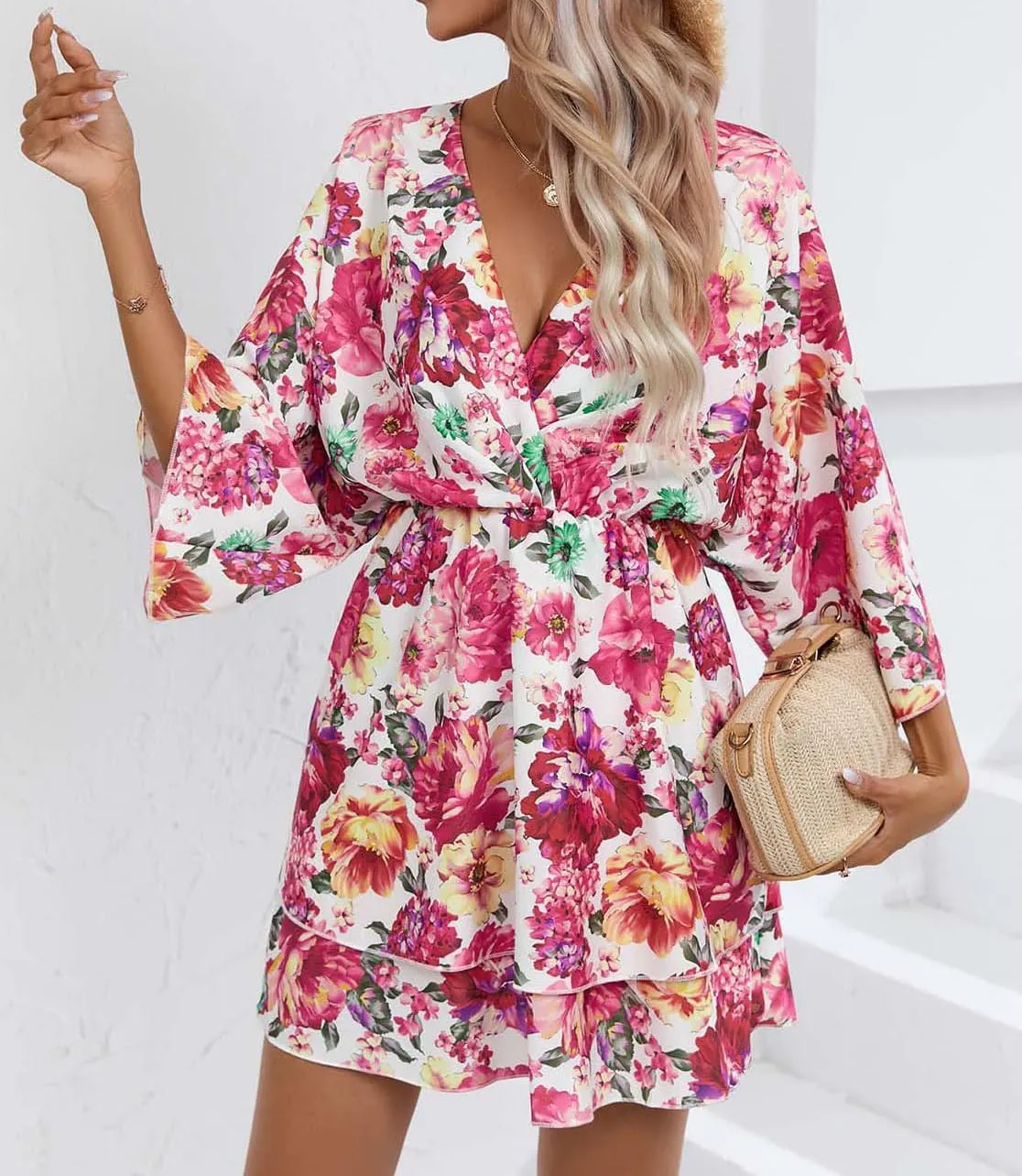 IVERIRMIN Women's Boho Floral Print 3/4 Long Sleeve Short Dress Flowy V Neck A Line Ruffle Tiered Mini Dresses