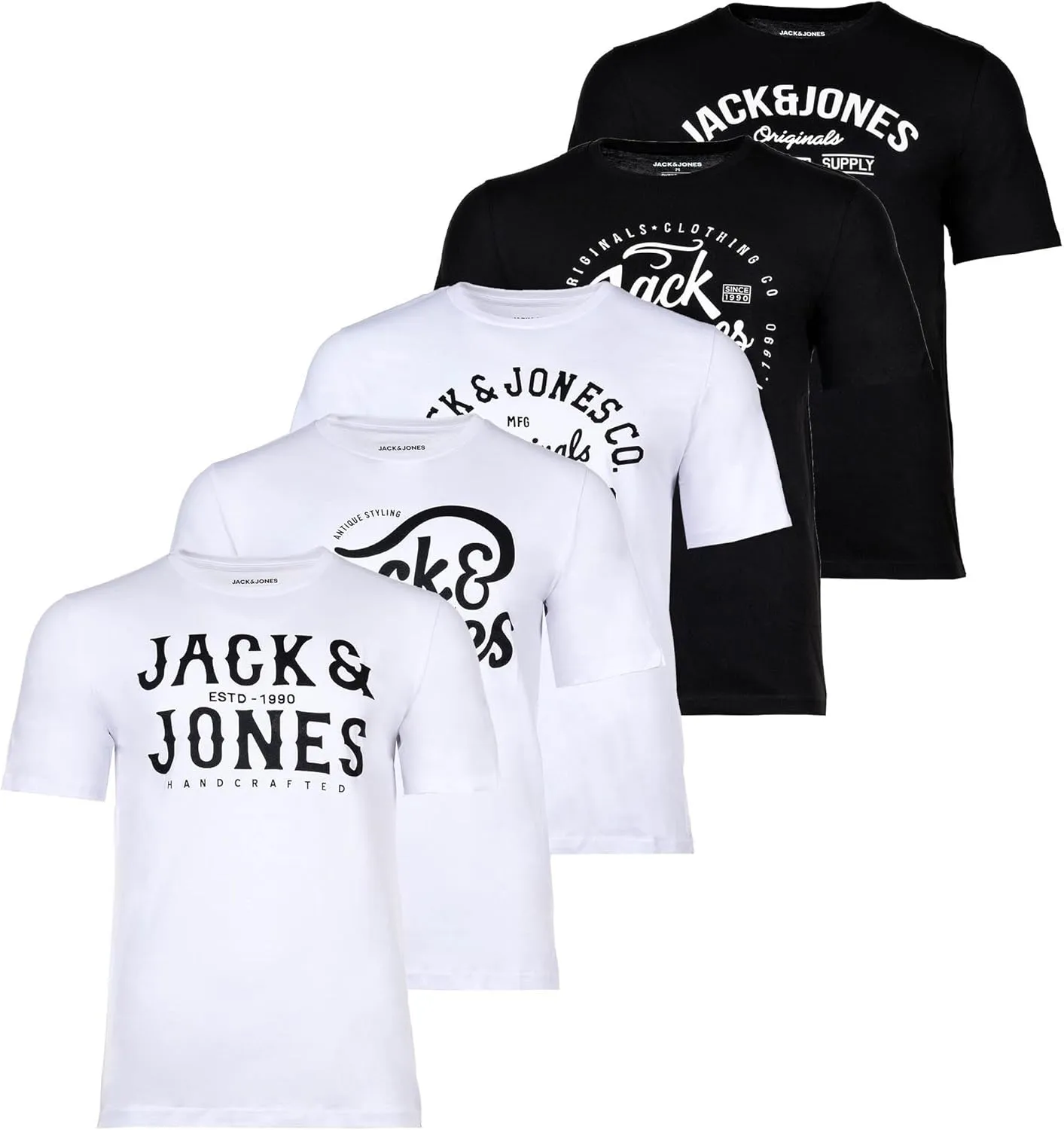JACK & JONES Set of 5 Men's Cotton T-Shirts in Various Styles, Prints and Colours