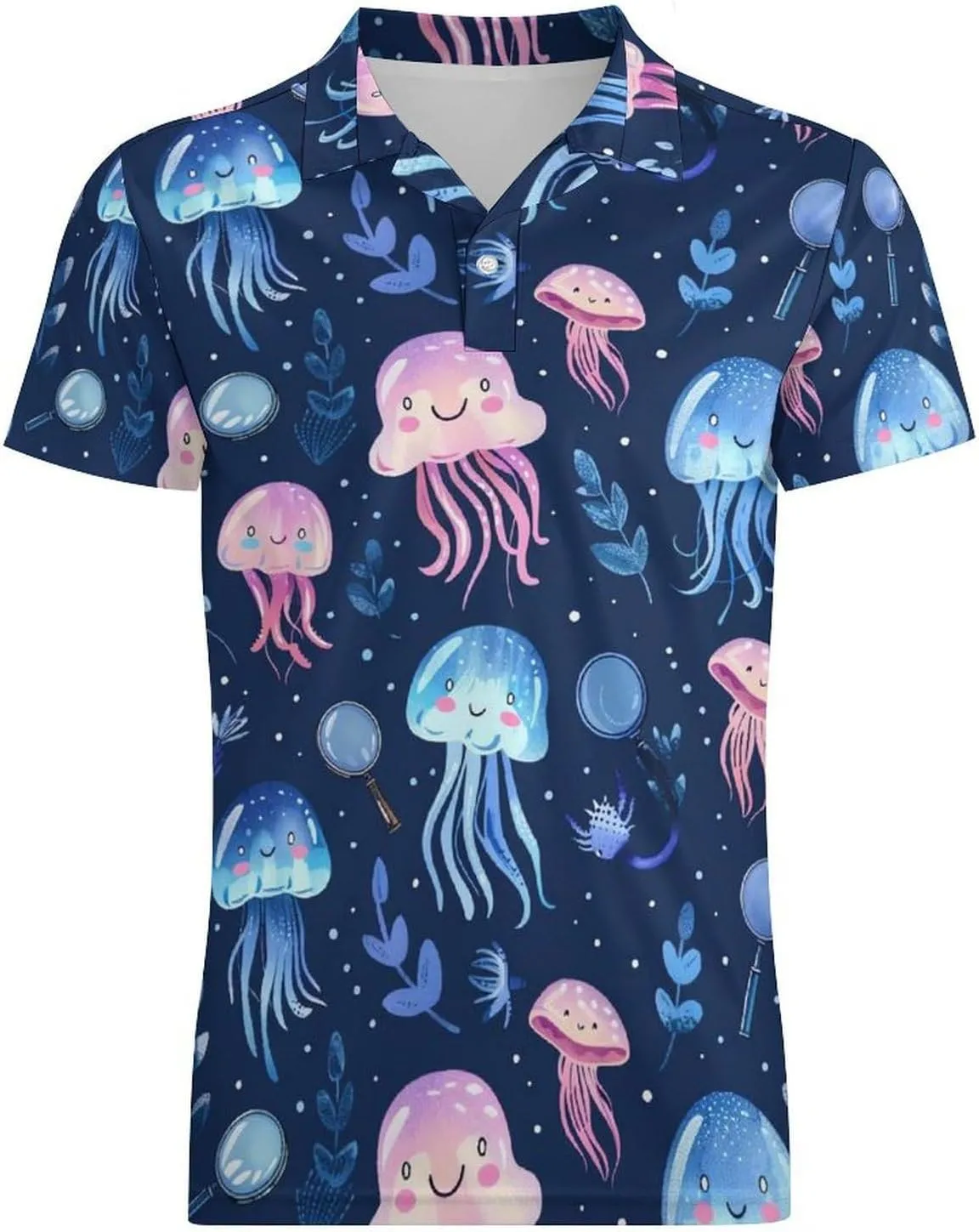 Jellyfish Ocean Adventure Magnifier Classic Polo Shirts for Men Quick Dry Short Sleeve Fit Golf Tees Casual Tops