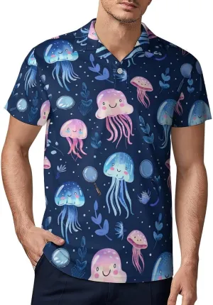 Jellyfish Ocean Adventure Magnifier Classic Polo Shirts for Men Quick Dry Short Sleeve Fit Golf Tees Casual Tops