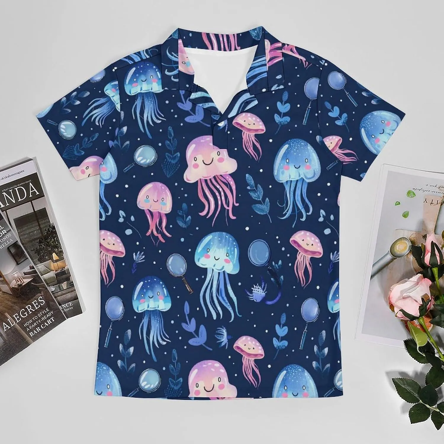 Jellyfish Ocean Adventure Magnifier Classic Polo Shirts for Men Quick Dry Short Sleeve Fit Golf Tees Casual Tops