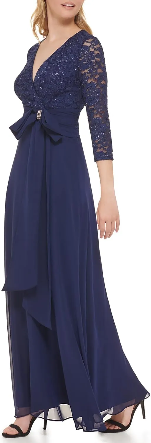 Jessica Howard Women's Lace 3/4 Sleeve V-Neck Maxi Gown  Special Occasion Dress