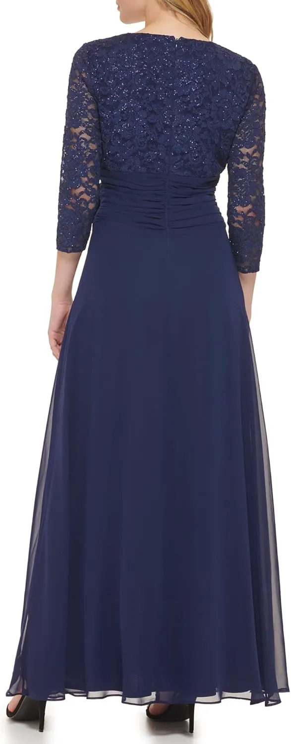 Jessica Howard Women's Lace 3/4 Sleeve V-Neck Maxi Gown  Special Occasion Dress