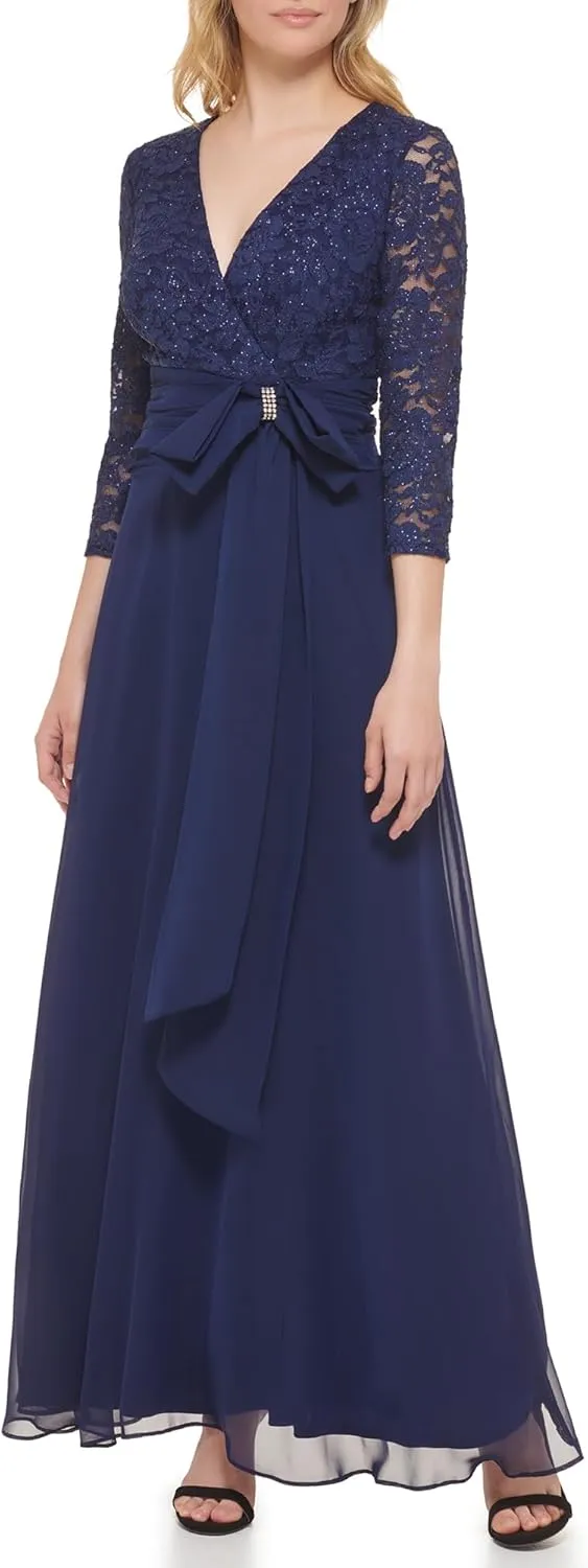 Jessica Howard Women's Lace 3/4 Sleeve V-Neck Maxi Gown  Special Occasion Dress