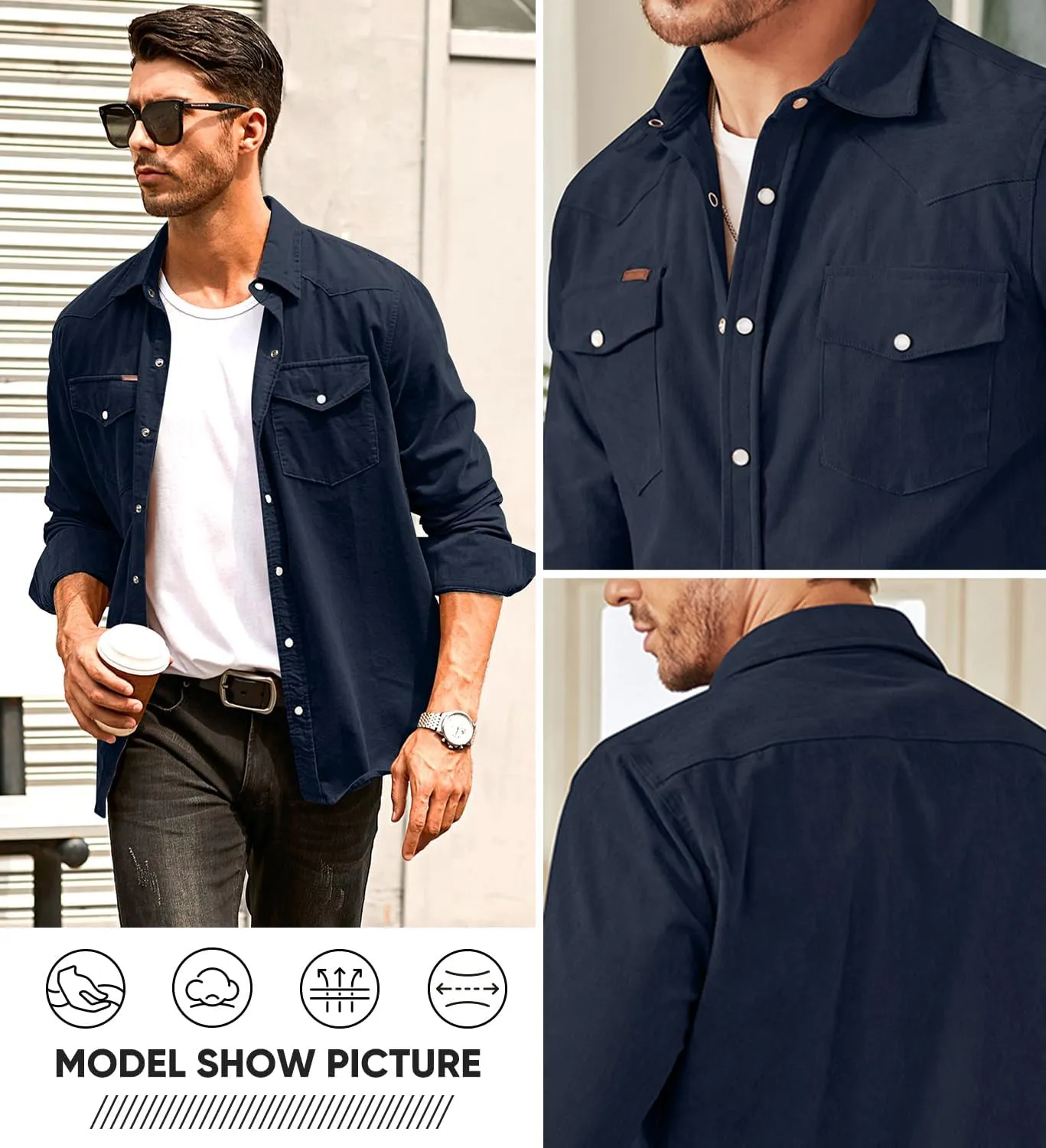 JMIERR Men's Corduroy Shirts Casual Western Long Sleeve Button Down Shacket Jackets with 2 Flap Pocket