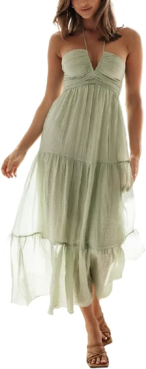 Juakoso Women Summer Boho Spaghetti Strap Long Dress Sleeveless Halter Neck Tie Up Tiered Maxi Dress Casual Beach Sundress