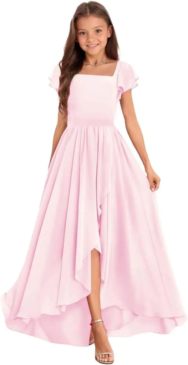 Junior Bridesmaid Dress, Girls' Special Occasion Dresses, Chiffon Wedding A Line Floor-Length Party Dresses