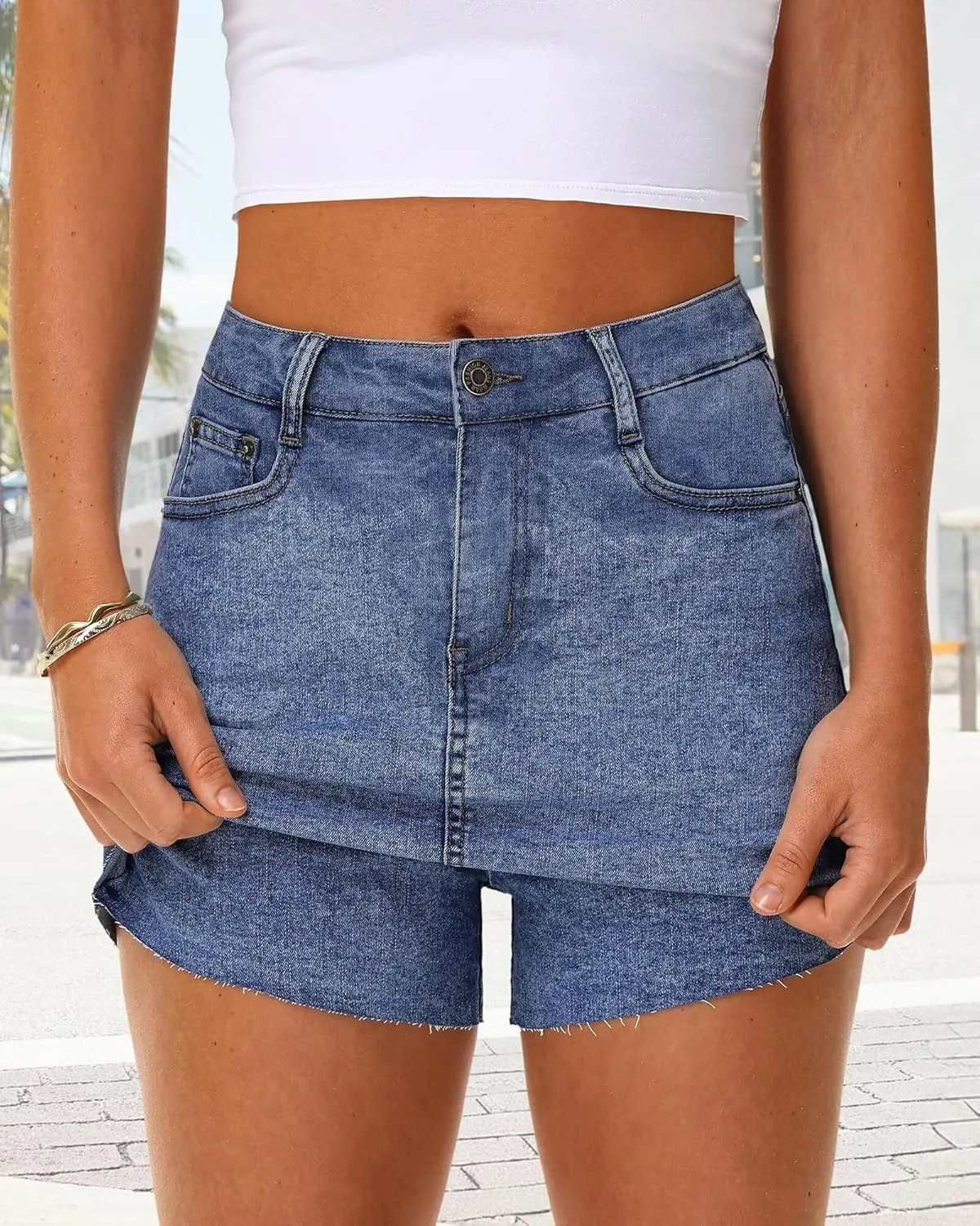 KDF Women's Denim Skirt with Shorts Trendy Denim Skort Jean Skirt with Raw Hem & Pocket
