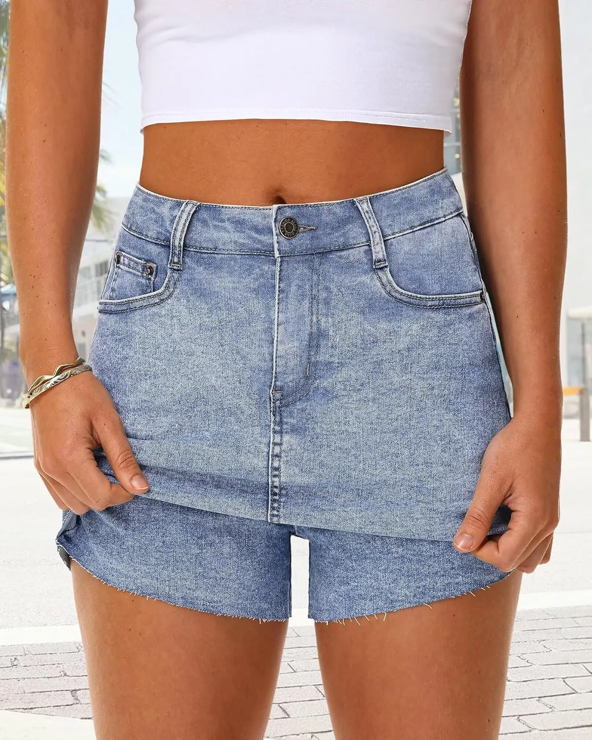 KDF Women's Denim Skirt with Shorts Trendy Denim Skort Jean Skirt with Raw Hem & Pocket