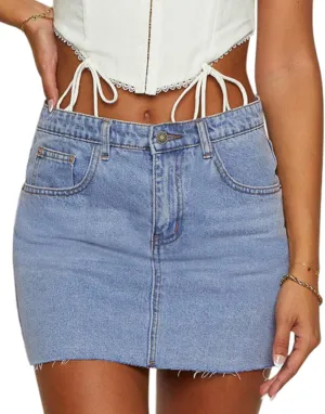 KDF Women's Denim Skirt with Shorts Trendy Denim Skort Jean Skirt with Raw Hem & Pocket
