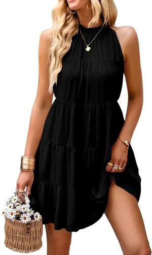 KIRUNDO Womens Summer Dresses 2025 Casual Halter Sundress Sleeveless Flowy Mini Babydoll Tiered Pleated Beach Dress