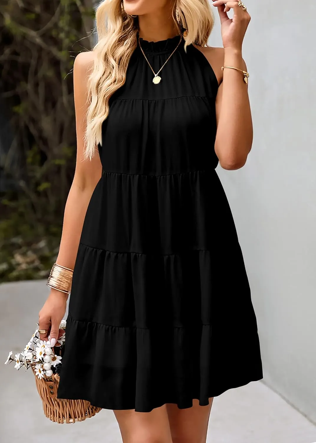 KIRUNDO Womens Summer Dresses 2025 Casual Halter Sundress Sleeveless Flowy Mini Babydoll Tiered Pleated Beach Dress