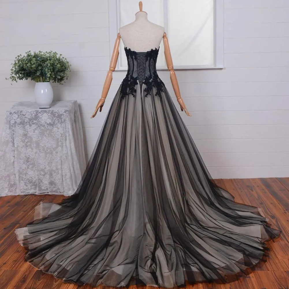 Kivary Long Black and Champagne Lace Gothic Prom Wedding Dresses