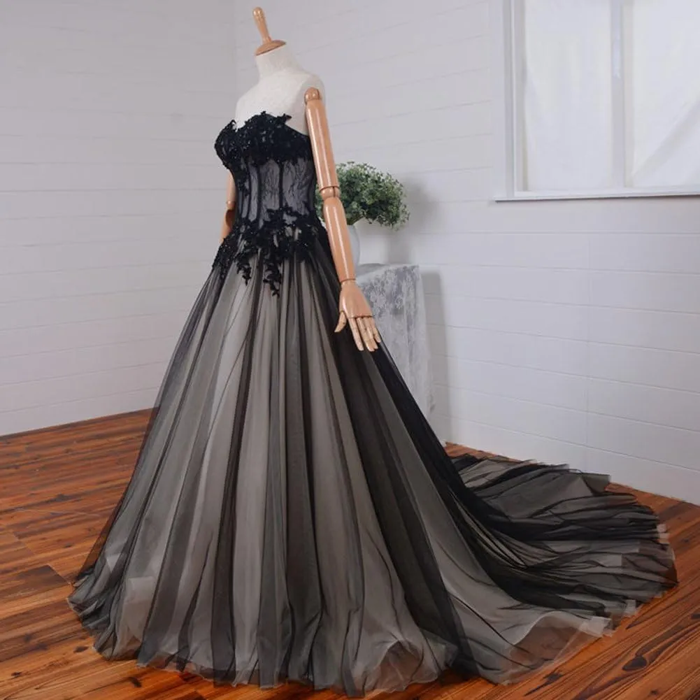 Kivary Long Black and Champagne Lace Gothic Prom Wedding Dresses