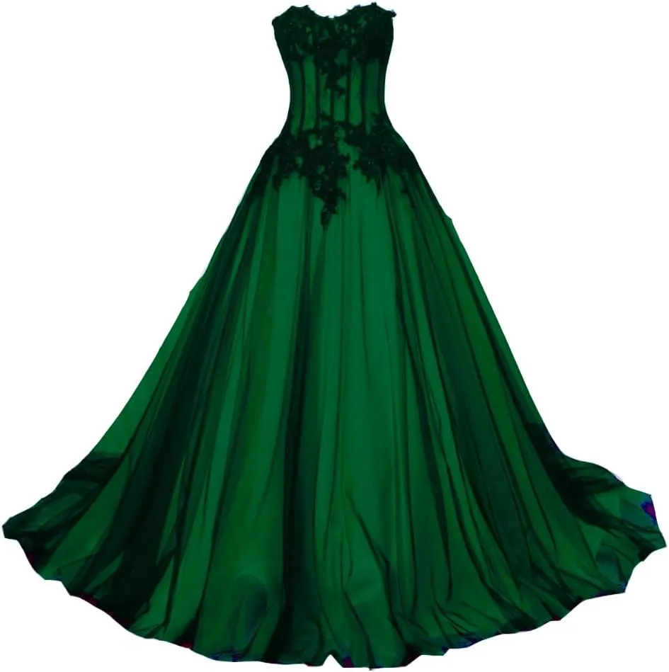 Kivary Long Black and Champagne Lace Gothic Prom Wedding Dresses