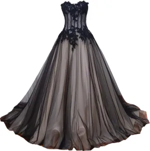 Kivary Long Black and Champagne Lace Gothic Prom Wedding Dresses