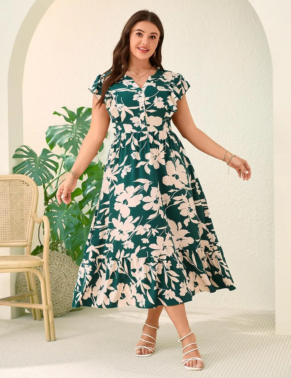 KOJOOIN Women Plus Size Summer Beach Boho Dress Ruffle Sleeveless V Neck Button Down Casual Wedding Guest Maxi Dresses
