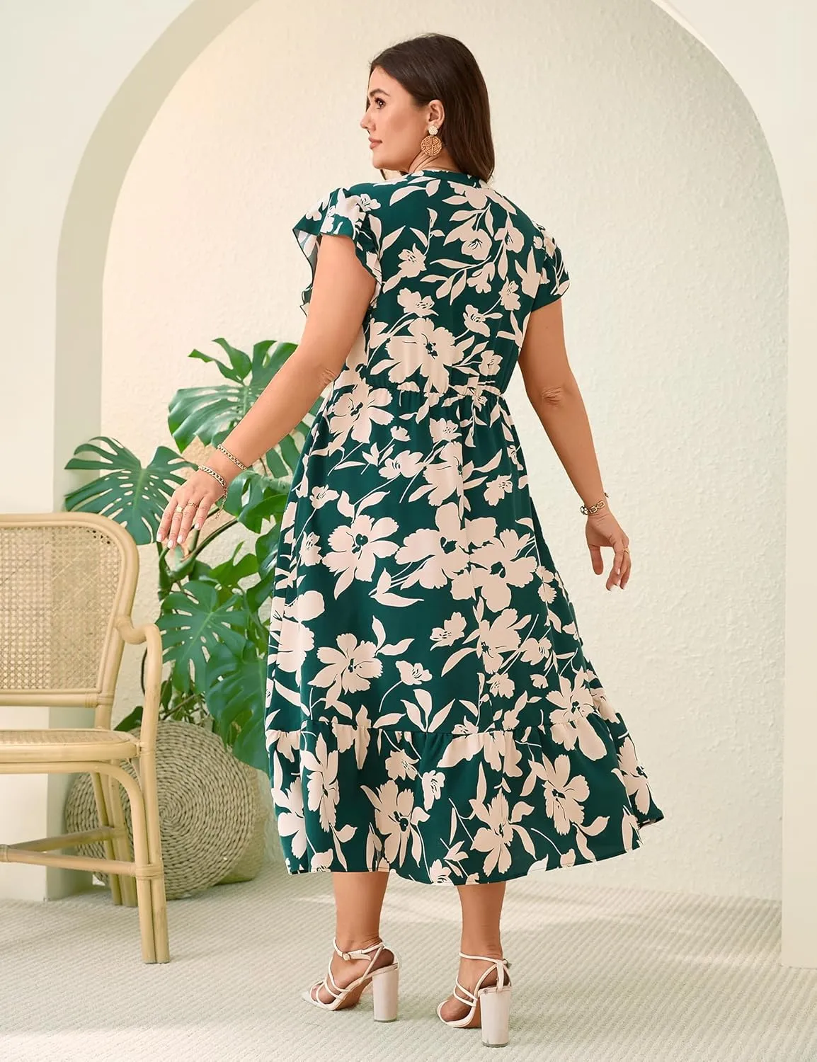 KOJOOIN Women Plus Size Summer Beach Boho Dress Ruffle Sleeveless V Neck Button Down Casual Wedding Guest Maxi Dresses