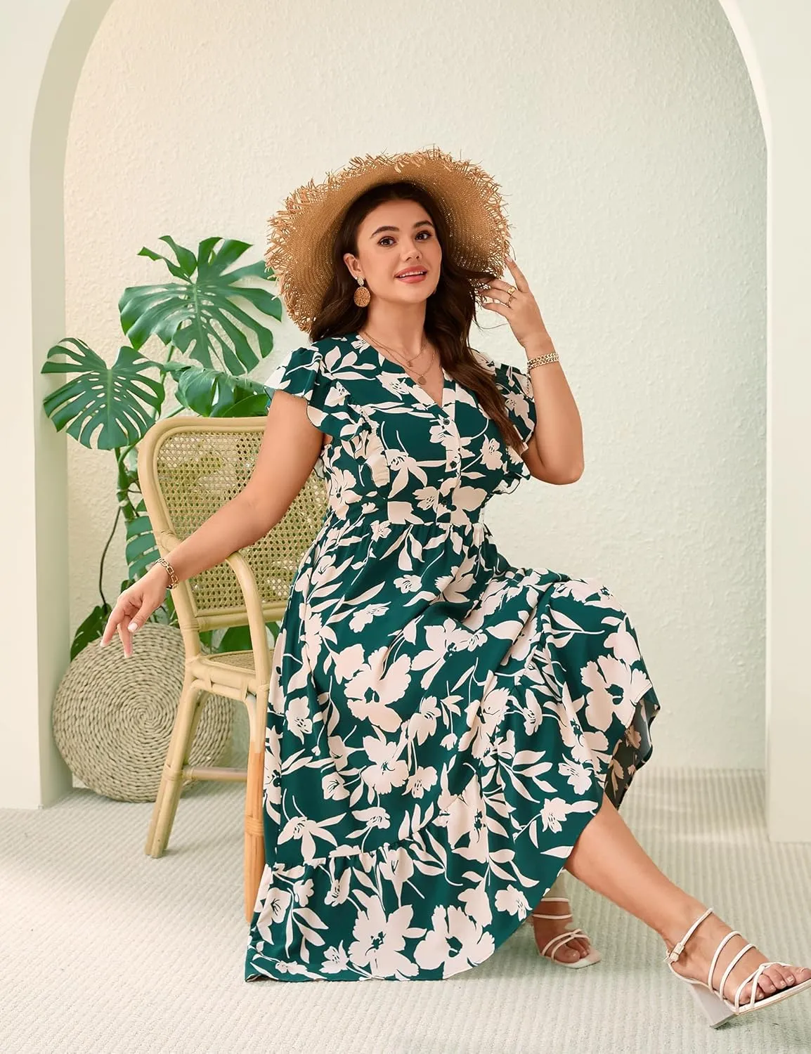 KOJOOIN Women Plus Size Summer Beach Boho Dress Ruffle Sleeveless V Neck Button Down Casual Wedding Guest Maxi Dresses