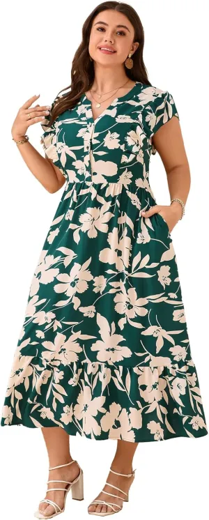 KOJOOIN Women Plus Size Summer Beach Boho Dress Ruffle Sleeveless V Neck Button Down Casual Wedding Guest Maxi Dresses