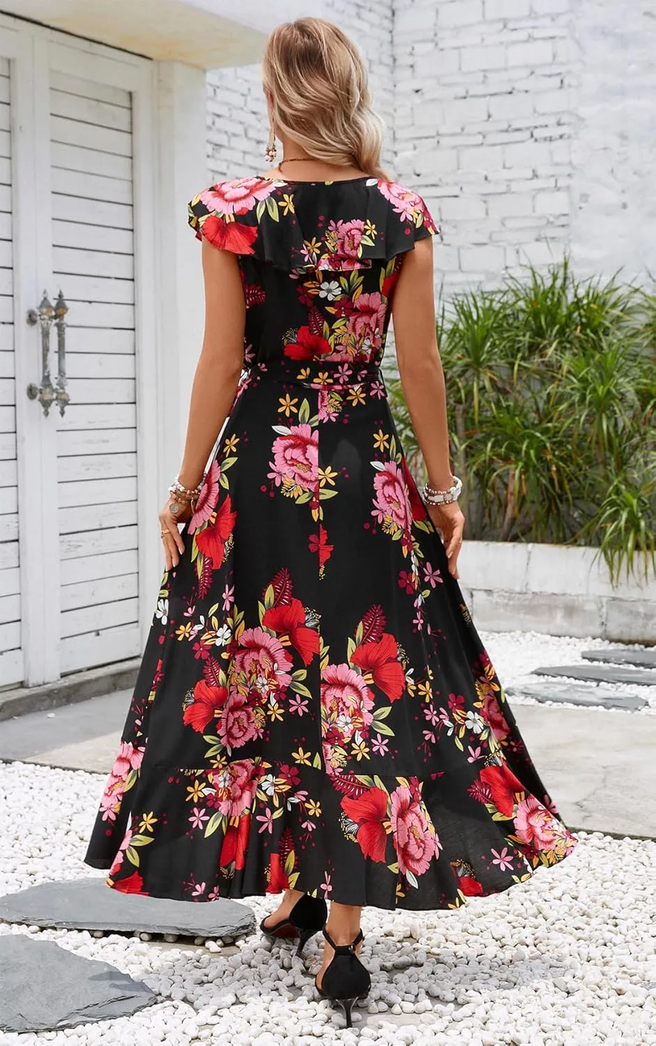 Kormei Womens Sleeveless Scoop Neck Floral High Low Split Party Long Maxi Dress