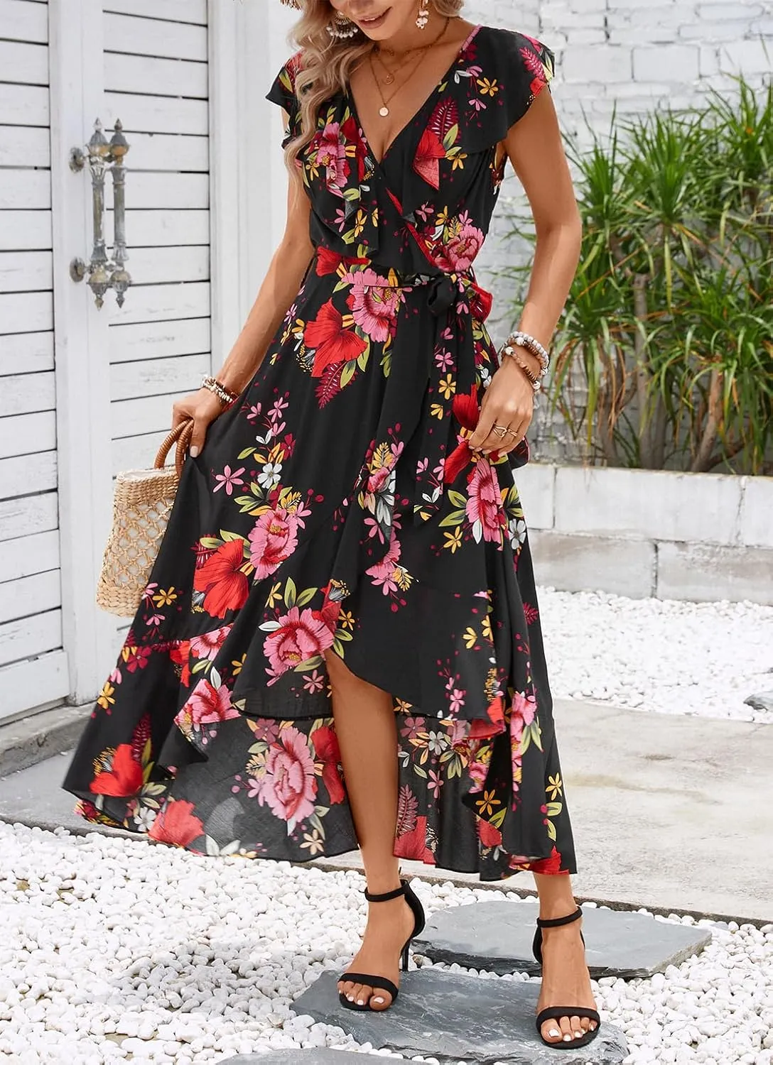 Kormei Womens Sleeveless Scoop Neck Floral High Low Split Party Long Maxi Dress