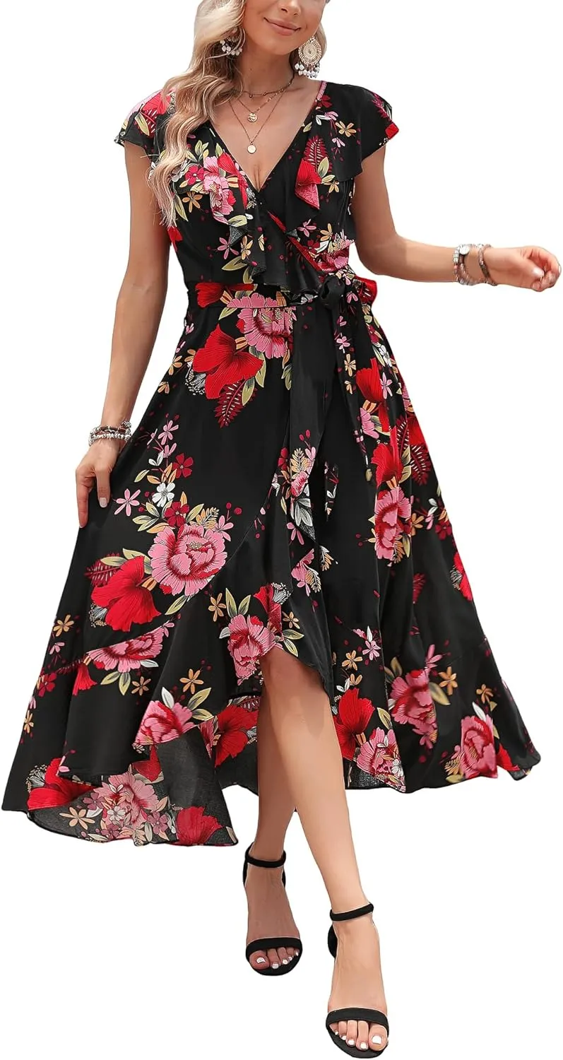 Kormei Womens Sleeveless Scoop Neck Floral High Low Split Party Long Maxi Dress