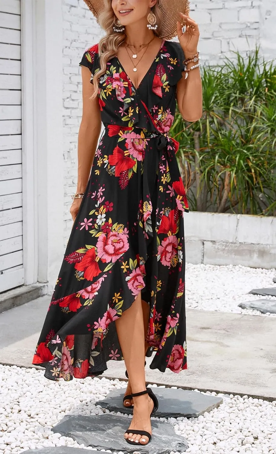 Kormei Womens Sleeveless Scoop Neck Floral High Low Split Party Long Maxi Dress