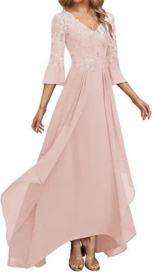 Lace Appliques Mother of The Bride Dresses for Wedding 3/4 Sleeve V Neck Chiffon Formal Evening Gowns
